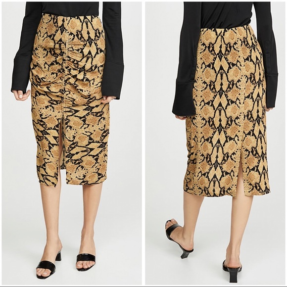 BA&SH Carry Snake skin print midi ruched skirt Ochre - Picture 3 of 15
